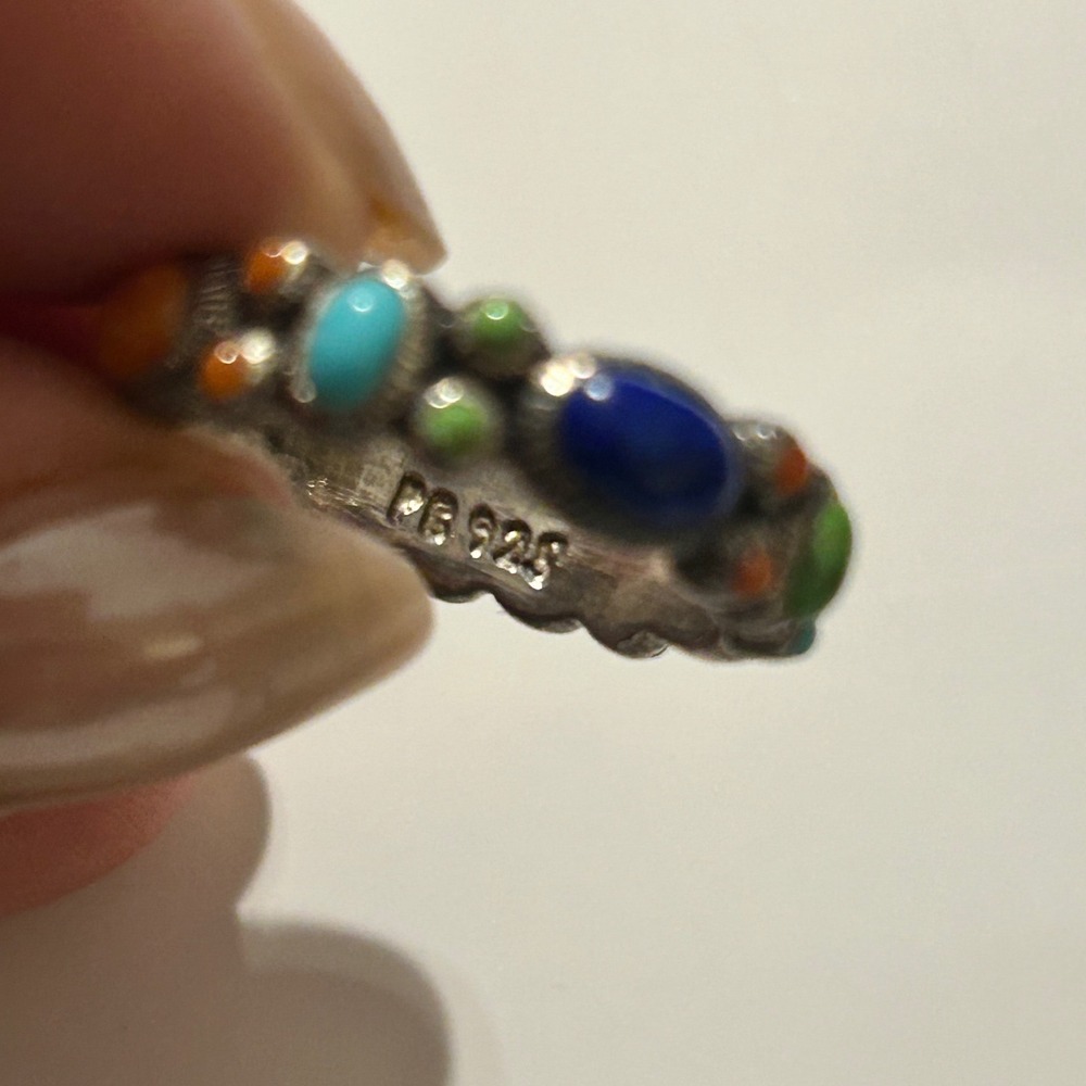 925 Sterling Silver Multi Color Cabochon Gemstone Bohemian Statement Ring Sz 8 - Picture 4 of 6